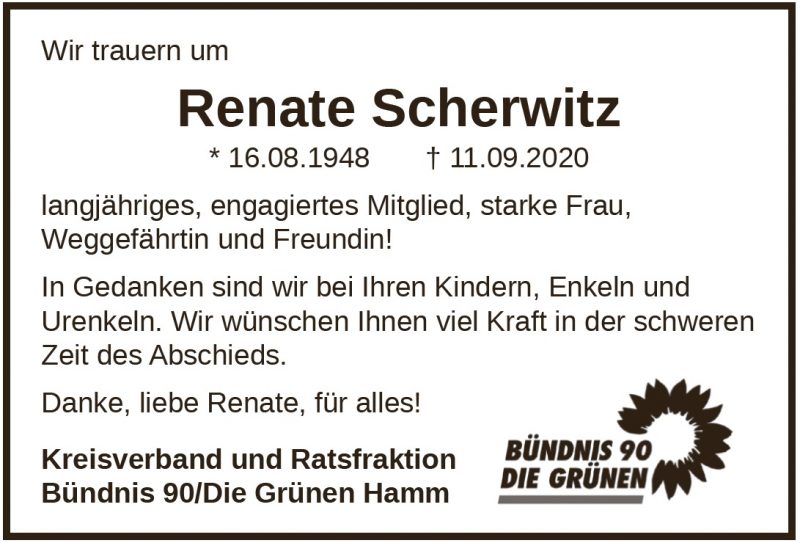 Wir trauern um Renate Scherwitz