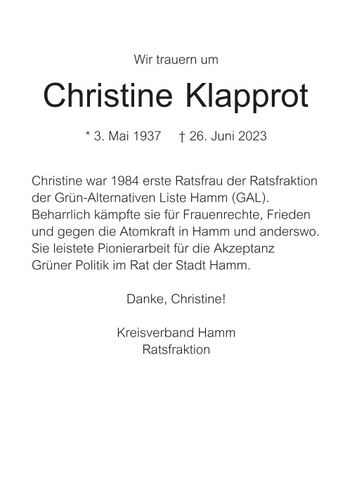 Gedenken an Christine Klapprot